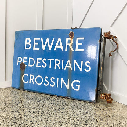 Beware Pedestrians Crossing Enamel Sign