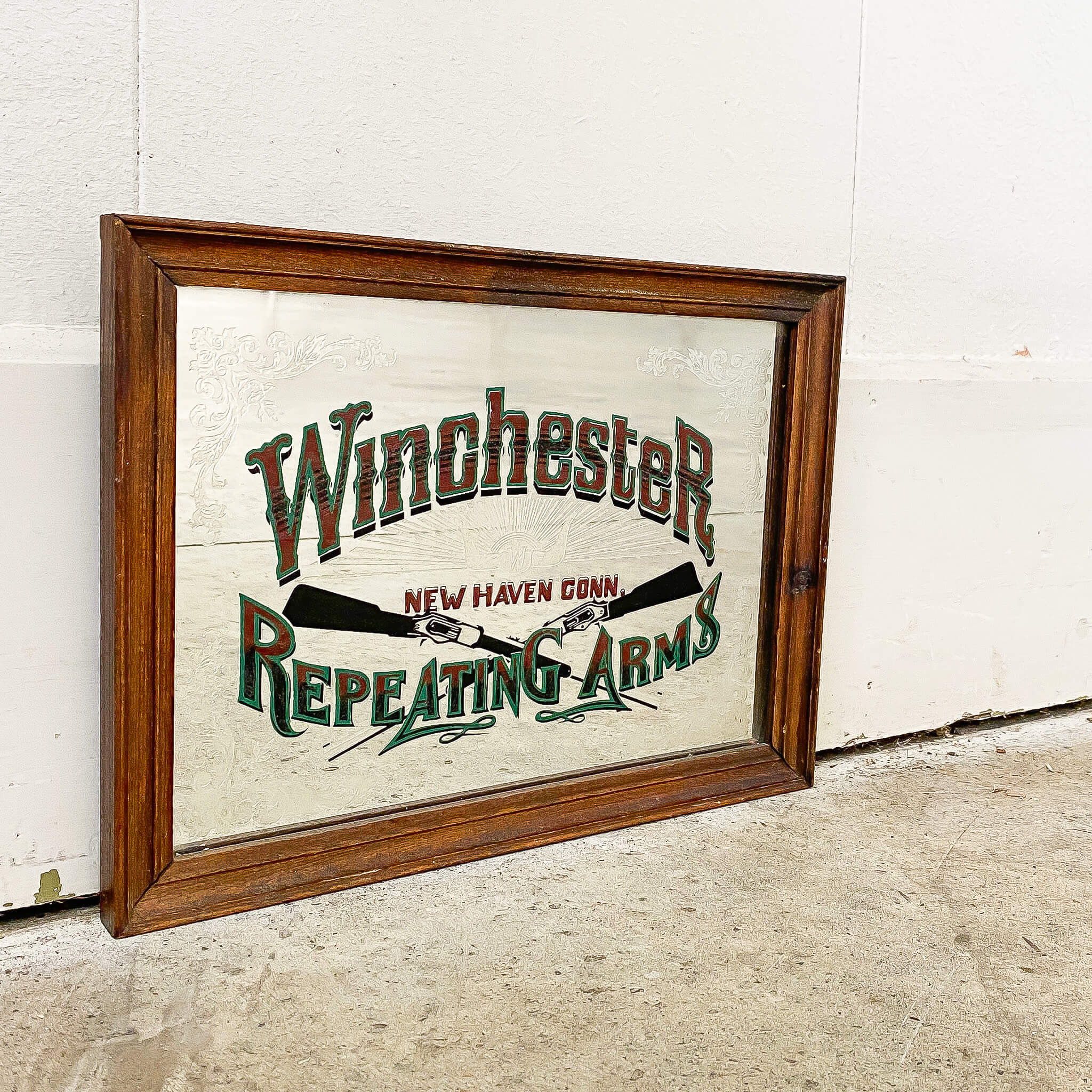 Vintage on sale Oak framed Winchester Model 1873 Repeating Arms Framed Mirror Advertisin